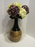 Large Vase Brown Glaze/Basket Design Finish Base w/ Stem Hydrangea Flowers