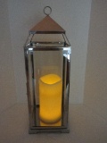 Contemporary Stainless Tall Lantern w/ Glass Panels & Flameless Pillar Candle