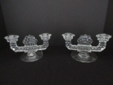 Pair - Fostoria American Pattern #2056 Double Flat Arm Footed Candlesticks