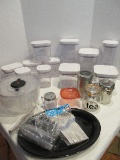 Lot - Plasticware OXO Canisters, Glass Tea Canister w/ Wire Lock Lid, 2 Stainless Steel, Etc.