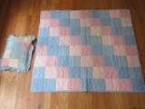 Baby Quilt Pink/Blue Block Pattern w/ Quilted 5 Point Stars & Pillow