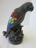 Tiffany Style Perched Parrot Resin Tropical Foliate & Flower Embellished Base