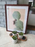 Lot - 3 Faux Gen & Chick Plants & Framed Cactus Print by Pottery Barn