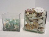 Lot - Square Glass Cube w/ Sea Glass, Sea Shells Glass Pebbles & Rectangular Glass Vase