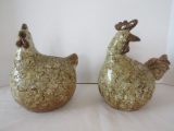 Pair - Quaint Pottery Figural Rooster & Hen Craquelure Finish Booster