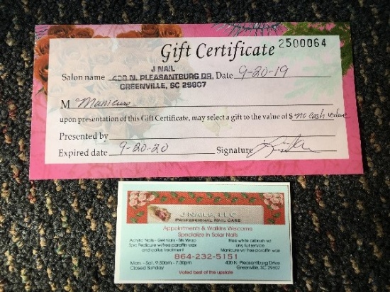 Gift Certificate from J. Nails