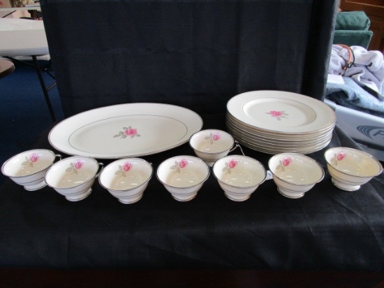 Franciscan Fine China Hunting Rose Silver Trim Lot - 8 Cups, 8 Plates 10 1/2" D