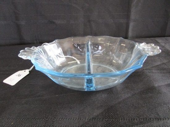 Blue Glass Vintage Divided Dish w/ Ornate Scalloped Handles 8 1/4" End-End