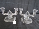 Heisey Glass Pair Floral Etched Twin-Arm Candle Sticks