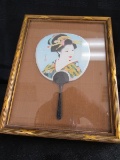 Uchiwa-Fan Pointed Geisha Greeting Fan in Gilded Wooden Frame/Matt