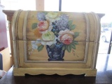 Wooden Storage Chest Open Top, Brass Handles, Wave Skirt, Hand Painted Bouquet Motif