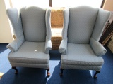 Ideal Furniture Co. Pair - Blue Chairs High Wings, Curled Arms, Claw-Ball Front Feet
