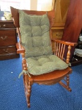 Wooden Rocking Chair Green Upholstered Slat Back/Arms, Scalloped Motif