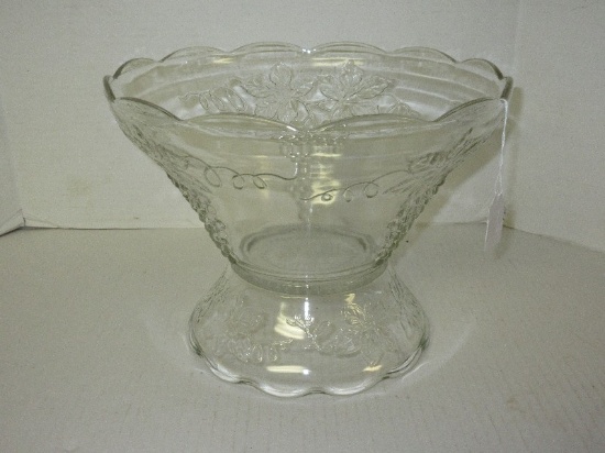 Pressed Glass Clear Grapevine Relief Pattern Pedestal Punch Bowl w/ Scalloped Rim