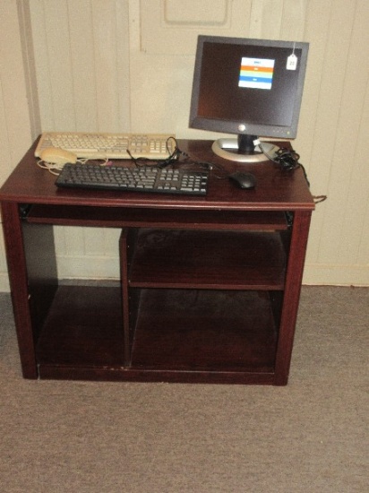 Lot - Simulated Wood Grain Computer Desk w/ Keyboards, Mice & Monitor