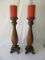 Pair - Tall Reed Design Column Pillar Candle Stands w/ Candles on Ornate Base