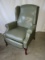 Queen Anne Style Wing Back Leather Recliner w/ Mahogany Trim