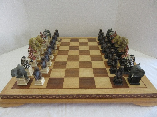 Unique African Safari Animals Bust Hand Painted Polystone Chess Full Set of 32 Pieces 20 1/4"