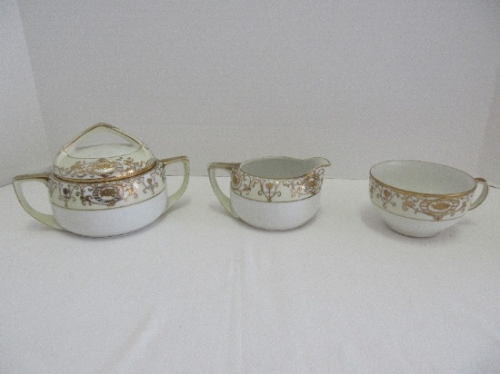 4 Pieces - Nippon China Hand Painted Gilded Rosebud Medallion & Scroll Design Creamer