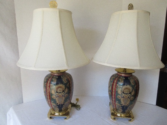 Stunning Pair - Porcelain Vase Form Table Lamps Classic Oriental Flower & Foliate Design