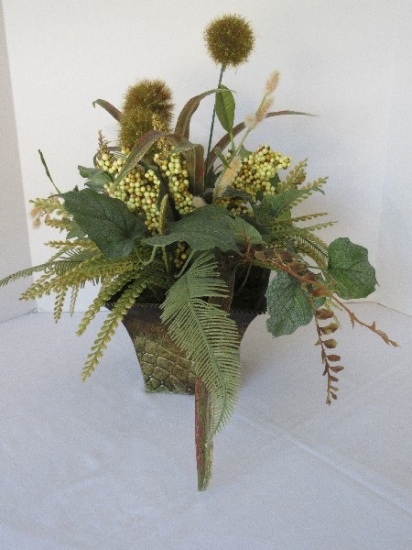 Decorative Tin Planter Embossed Design Antiqued Patina w/ Greenery Silk Arrangement