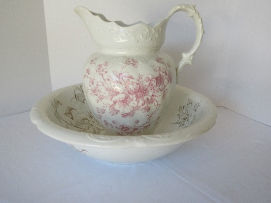 Early Semi-Porcelain Sorosis Pitcher w/ Wash Bowl Relief Scroll Foliage Trim