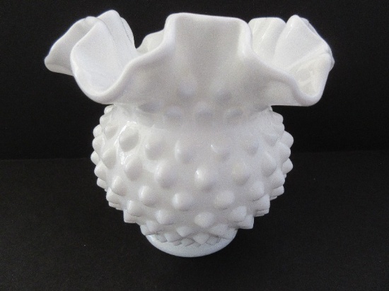 Fenton Milk Glass Hobnail Pattern Vase w/ Crimped Ruffled Edge