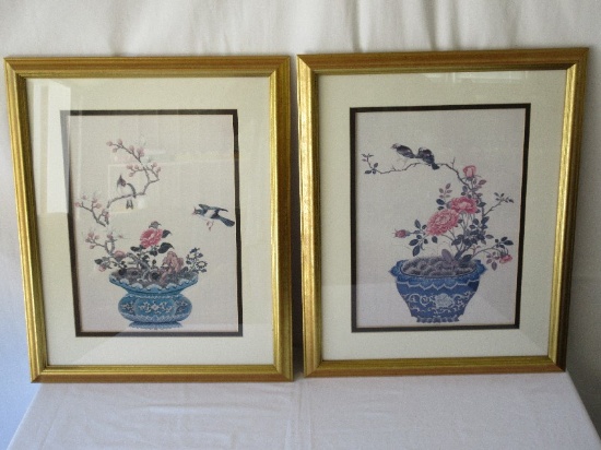Pair - Oriental Planters w/ Flowering Plants & Perched Birds Print in Gilded Frames/Matt