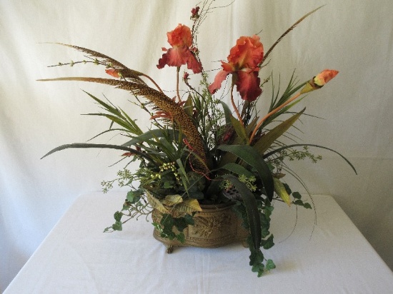 Molded Relief Panel Design Footed Planter w/ Silk Flowers & Greenery Accented w/ Feathers