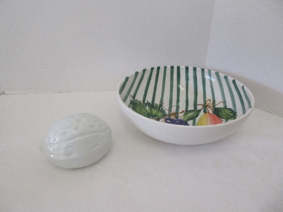 Lot - Ceramic Fruit Pattern Bowl Hand Painted Ceramic Made in Italy 3 1/4" H top 10 7/8"
