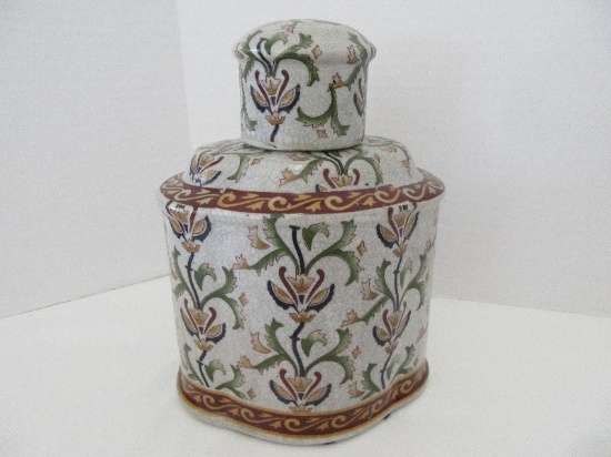 Porcelain Vessel w/ Lid Oriental Stem Flower & Foliage Design Craquelure Finish 9"
