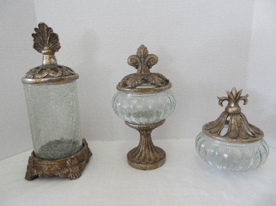 Lot - Crackle Glass apothecary Jar w/ Resin Plinth Base & Elaborate Foliate Design Pierced Lid