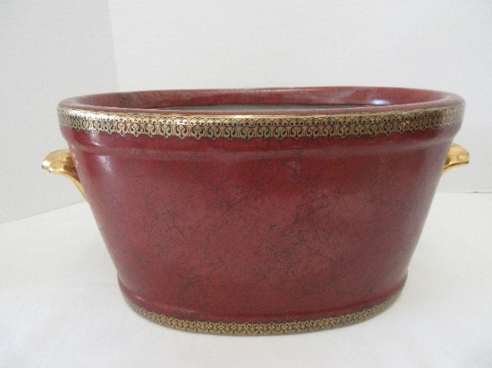 Porcelain Oval Planter w/ Gilded Handles, Decorative Band Trim Marbleized Finish