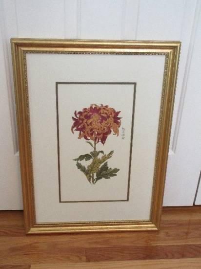 Still Life Chrysanthemum Stemmed Flower Print Embossed Trim Gold Tone Frame/Matt
