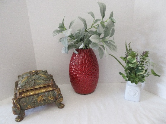 Lot - Maroon Ceramic Flower Design 10 1/2" Vase