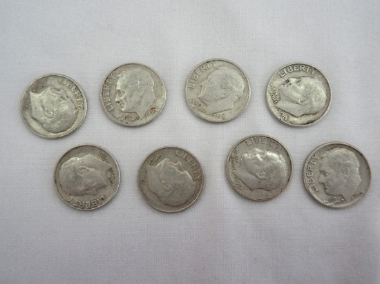 Eight 1961 Roosevelt Dimes Silver Composition 90% Silver 10% Copper 2.5 Grams Each