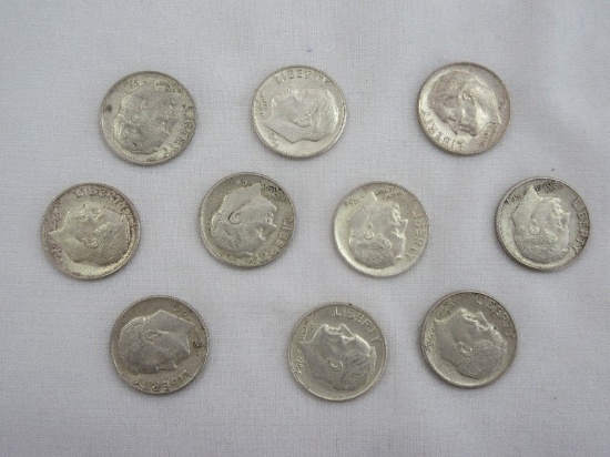 Ten 1964 Roosevelt Dimes Silver Composition 90% Silver 10% Copper 2.5 Grams Each