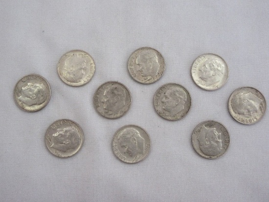 Ten 1964 Roosevelt Dimes Silver Composition 90% Silver 10% Copper 2.5 Grams Each
