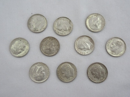 Ten 1964 Roosevelt Dimes Silver Composition 90% Silver 10% Copper 2.5 Grams Each