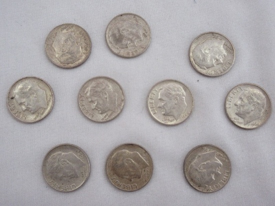 Ten 1964 Roosevelt Dimes Silver Composition 90% Silver 10% Copper 2.5 Grams Each