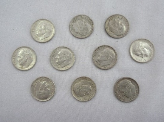 Ten 1964 Roosevelt Dimes Silver Composition 90% Silver 10% Copper 2.5 Grams Each