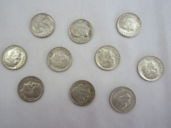 Ten 1964 Roosevelt Dimes Silver Composition 90% Silver 10% Copper 2.5 Grams Each
