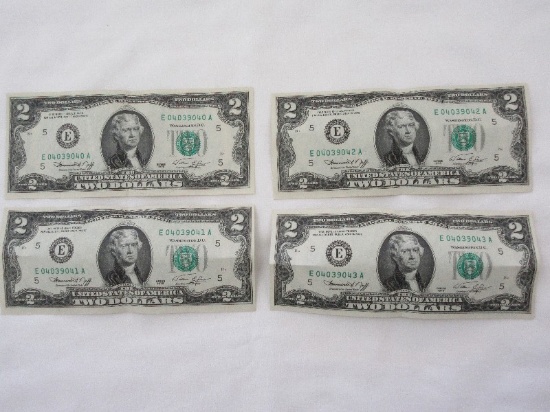 Set - 4 Jefferson Two Dollar Bills/$2 Notes in Consecutive Serial Numbers Series 1976