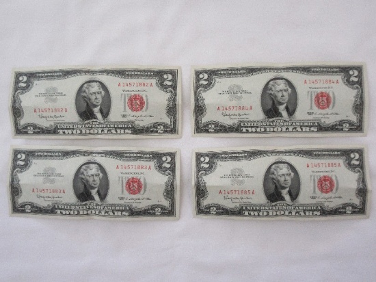 Set - 4 Jefferson Red Seal Two Dollar Bills/$2 Notes in Consecutive Serial Numbers Series 1963