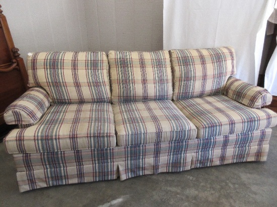 Masterfield Custom Design Plaid Upholstery Neutral Tone Casual Sofa w/ Pleated Skirt