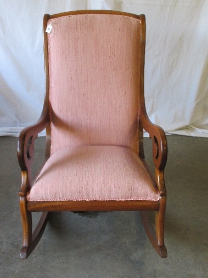 Early Oak Parlor Curved Arm Rocker w/ Mauve Upholstered Back/Seat