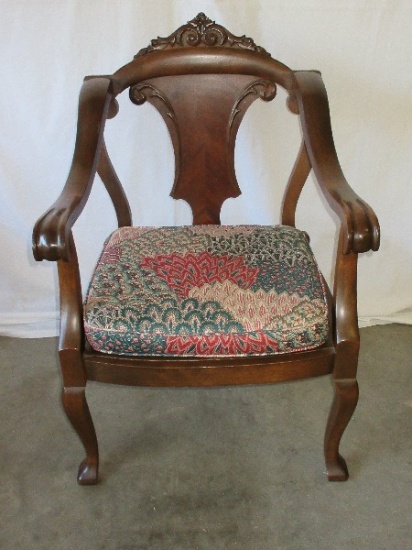 Historic Victorian Rococo Style Mahogany Arm Chair w/ Scrolled Foliate Design & Cushion