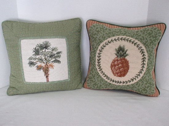 2 Needlepoint Embroidery Accent Pillows Pineapple & Palm Tree