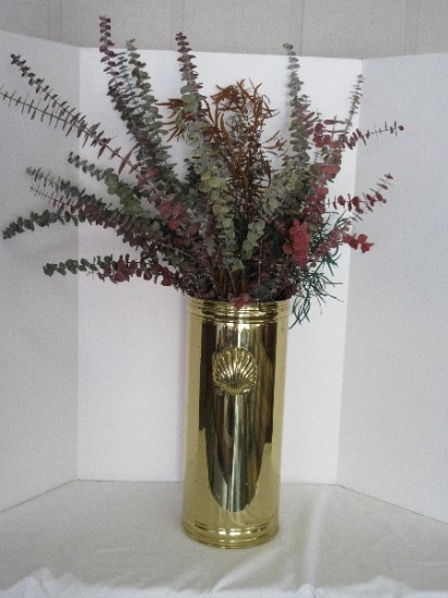 Brass Cylinder Form Umbrella Stand w/ Scalloped Shell Accent & Dried Foliage Arrangement