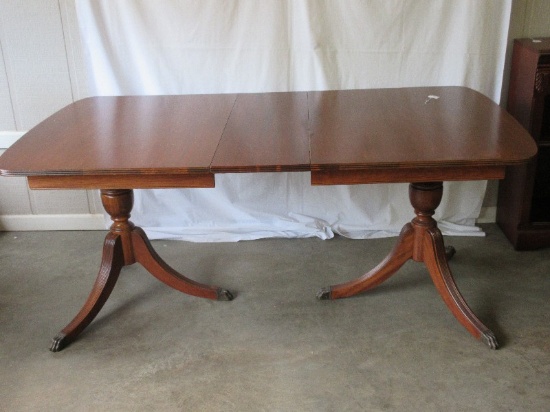 Duncan Phyfe Style Mahogany Double Pedestal Table w/ Leaf & Brass Tone Paw Cap Feet